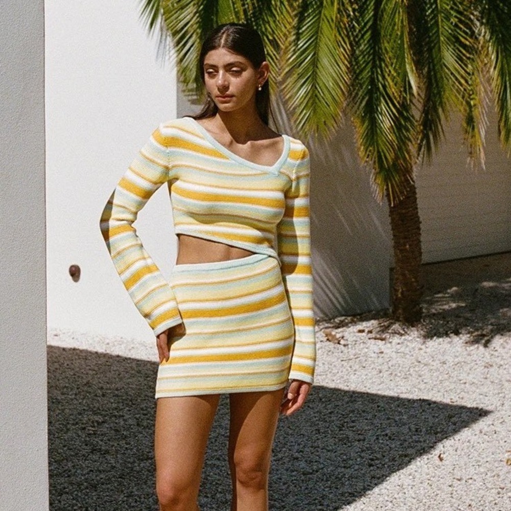 NWT Sabo Skirt Dress Huntley Striped Knit Cutout Mini Yellow Green White size M